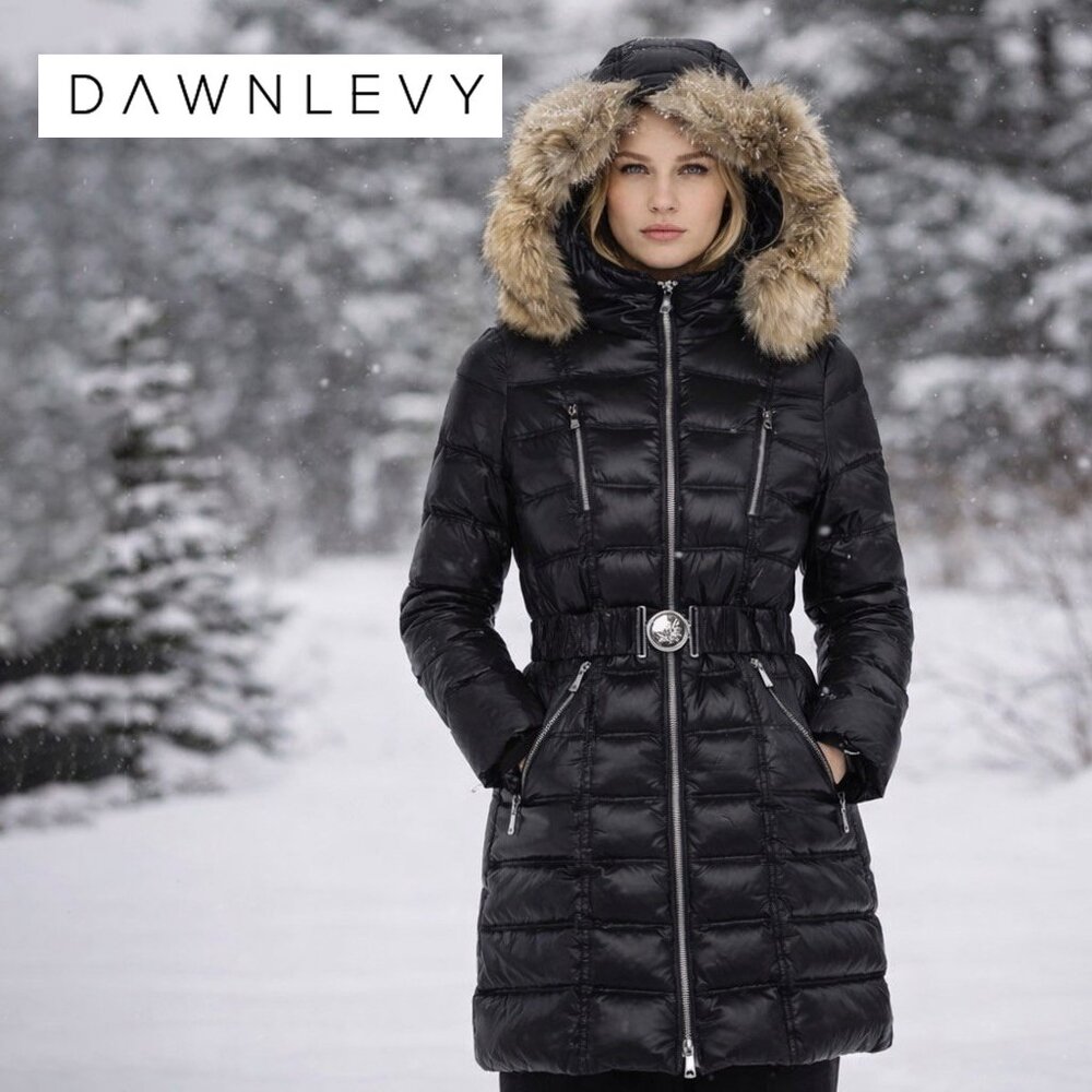 DAWN LEVY Alicia Quilted Down Puffer Coat w/ Belt  and Genuine Fur Trim
